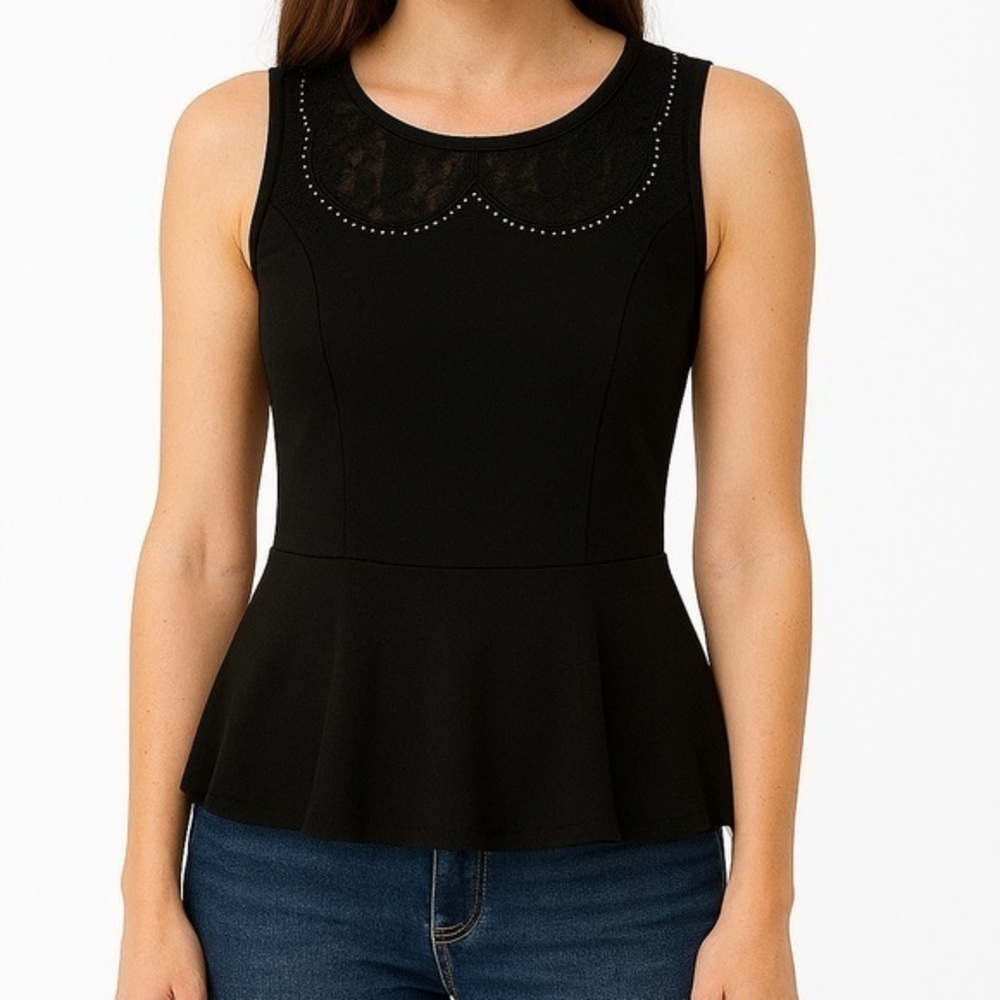 Splash Black Lace Peplum Tank Top Beaded Fitted XS